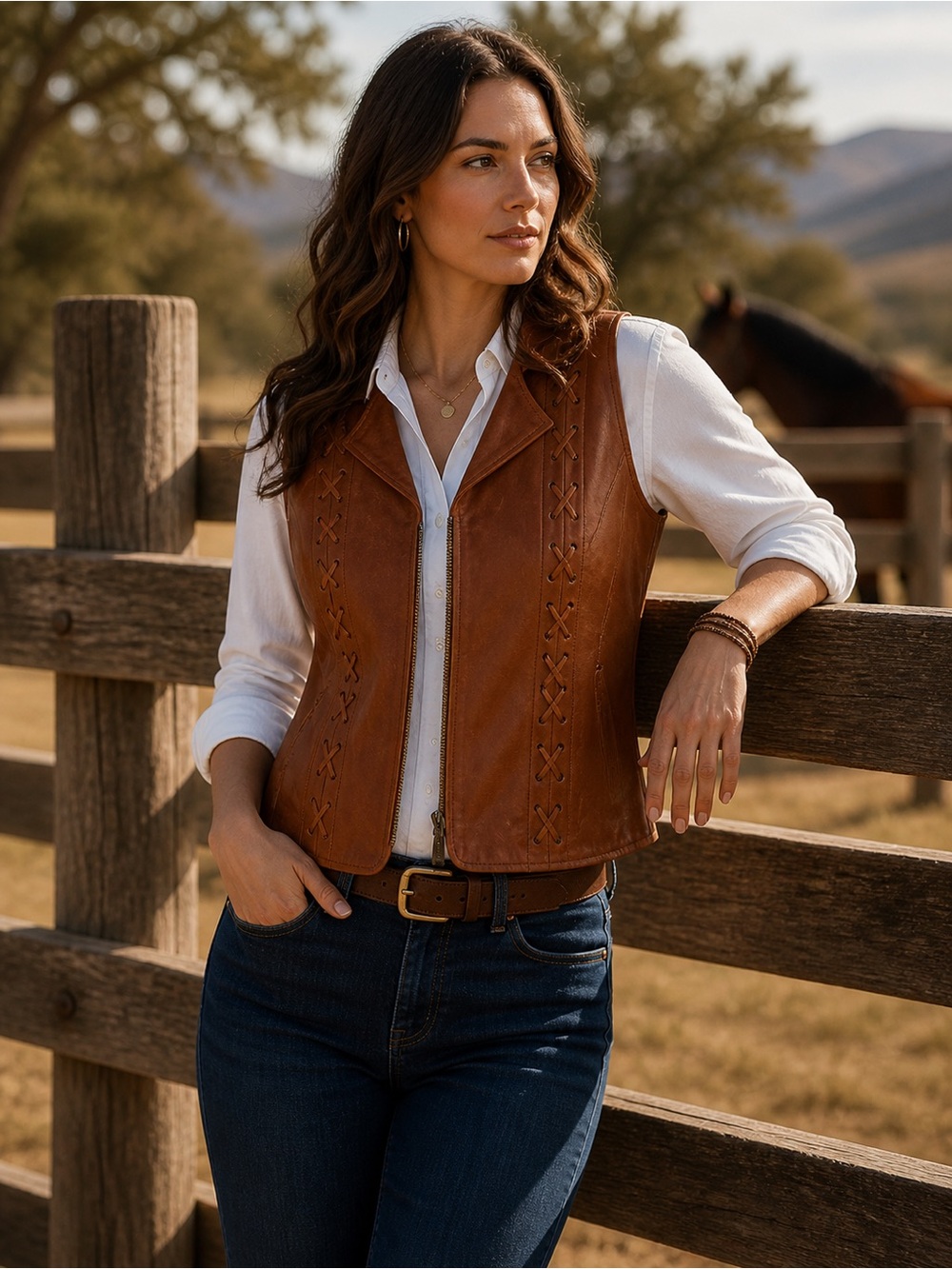 Leather Western Lace Up Vest XL Brown